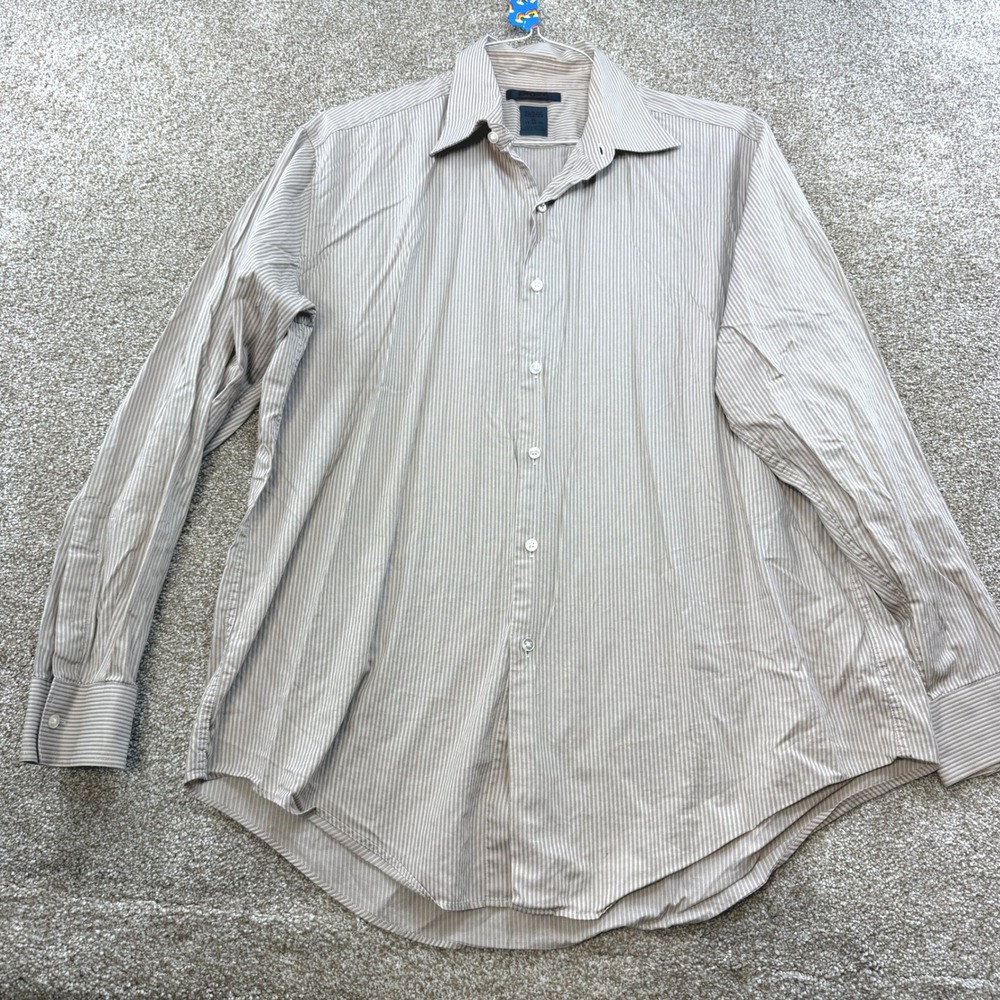 DKNY Mens XL 17 34 35 Slim Fit Natural Stretch Tan Striped Cotton Dress Shirt